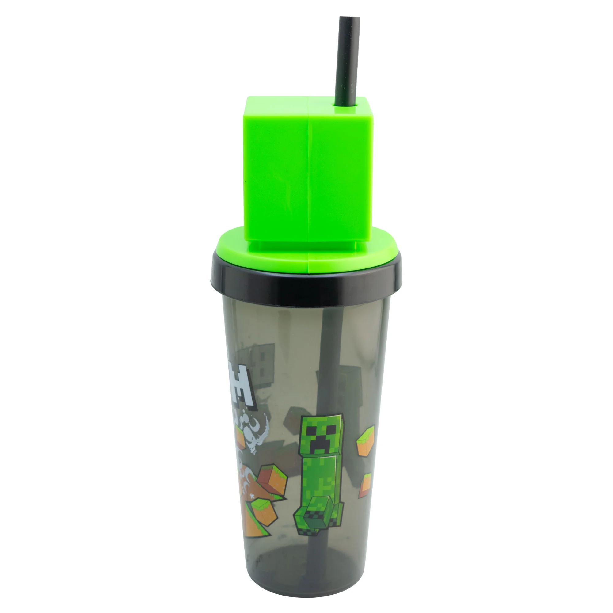 Vaso Con Tapa Y Popote Minecraft Cabeza 3d Creeper 532ml - Imagen 2