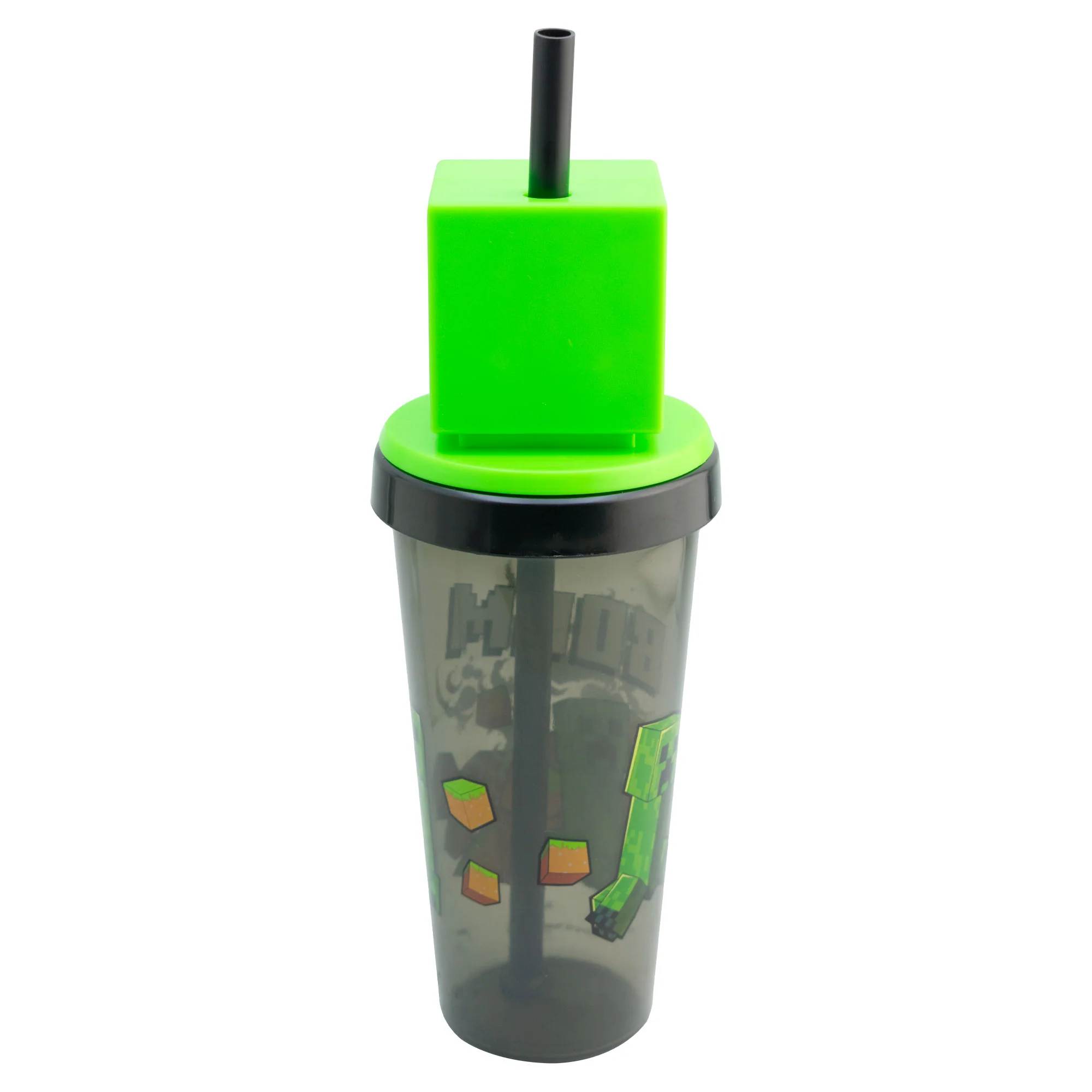 Vaso Con Tapa Y Popote Minecraft Cabeza 3d Creeper 532ml - Imagen 3