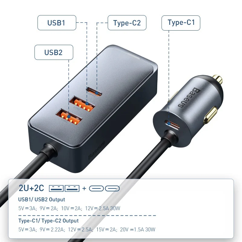 Cargador para auto Baseus 120W Carga rapida Quick Charger QC 3.0 PD 3.0 Tipo-C USB - Imagen 3
