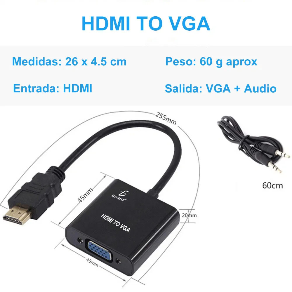 Cable Adaptador Convertidor Hdmi A Vga Aux 3.5 Pc Laptop Tv Monitor - Imagen 2